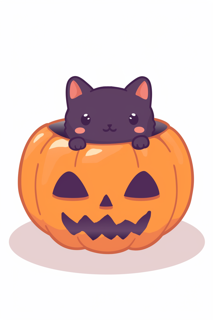halloween cute animals drawings 2: A cute kitten peeking out of a pumpkin, adorably illustrated for Halloween.